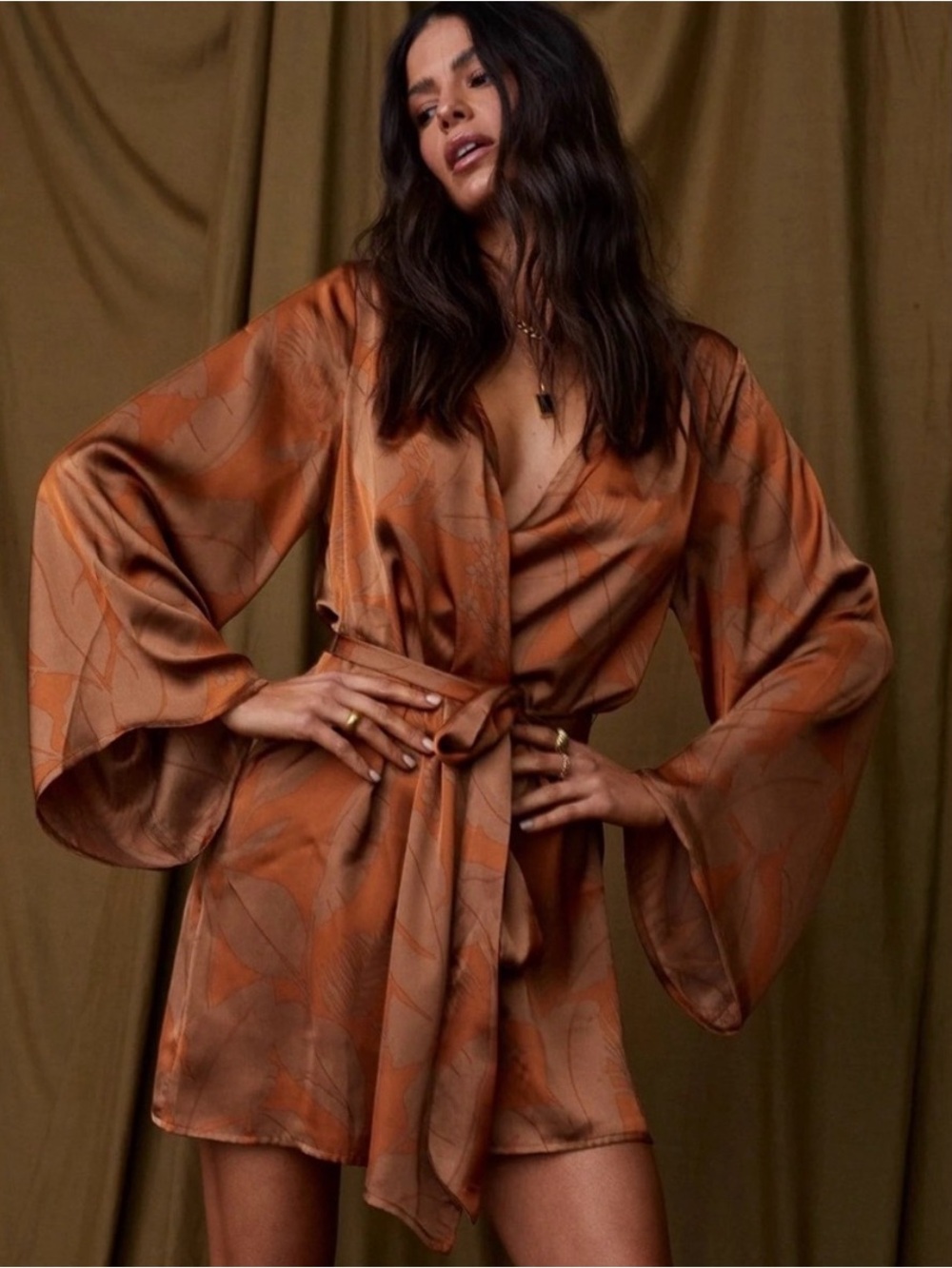 12th Tribe Satin Wrap Mini Dress in Burnt Orange